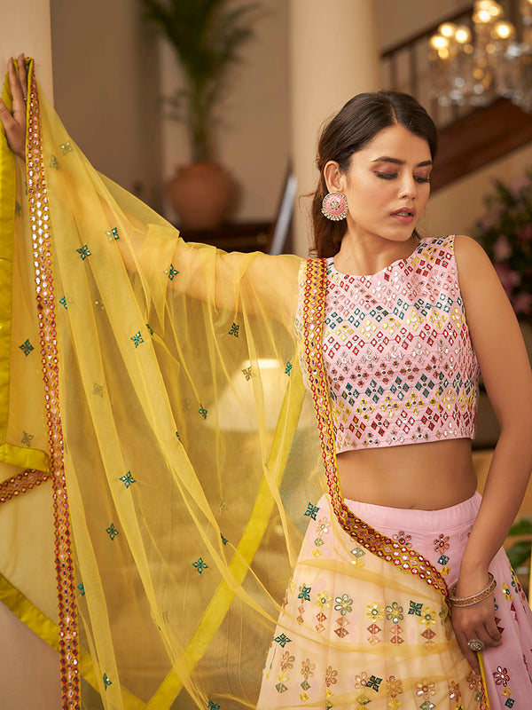 Myra Pink and Yellow Georgette Embroidered Designer Lehenga - Distacart