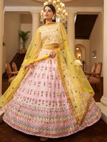 Thumbnail for Myra Pink and Yellow Georgette Embroidered Designer Lehenga - Distacart