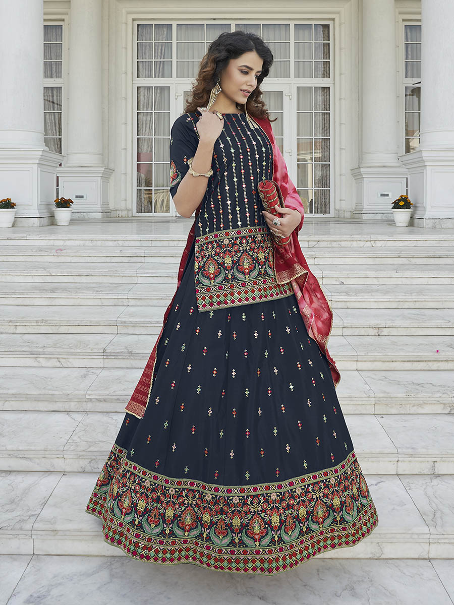 Myra Navy Blue - Pink Embroidered Designer Lehenga - Distacart