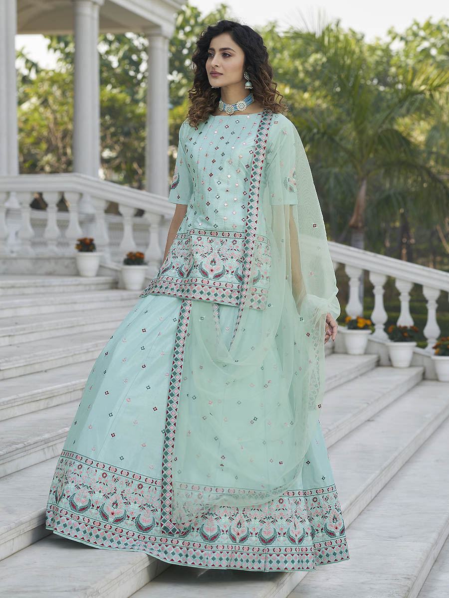 Myra Sky Blue Embroidered Designer Lehenga - Distacart