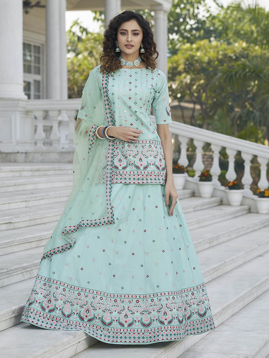 Myra Sky Blue Embroidered Designer Lehenga - Distacart