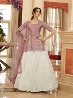 Thumbnail for Myra Pearl White and Dusty Pink Embroidered Designer Lehenga - Distacart