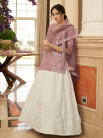 Thumbnail for Myra Pearl White and Dusty Pink Embroidered Designer Lehenga - Distacart