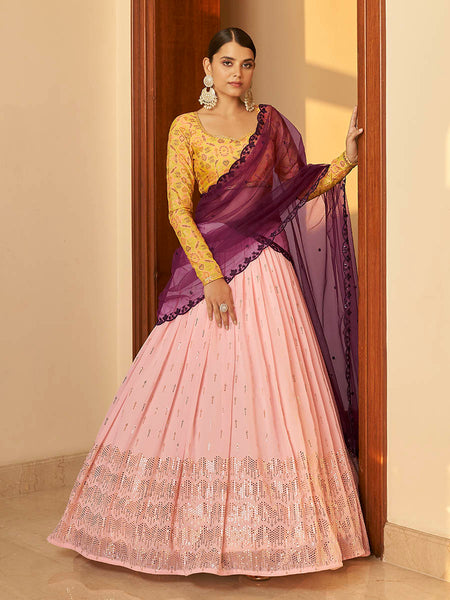 Myra Multicolour Georgette Mukaish Work Designer Lehenga - Distacart