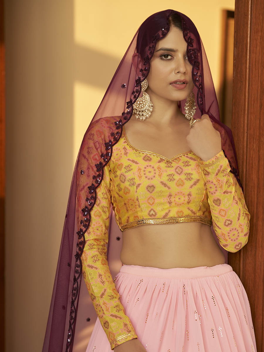 Myra Multicolour Georgette Mukaish Work Designer Lehenga - Distacart