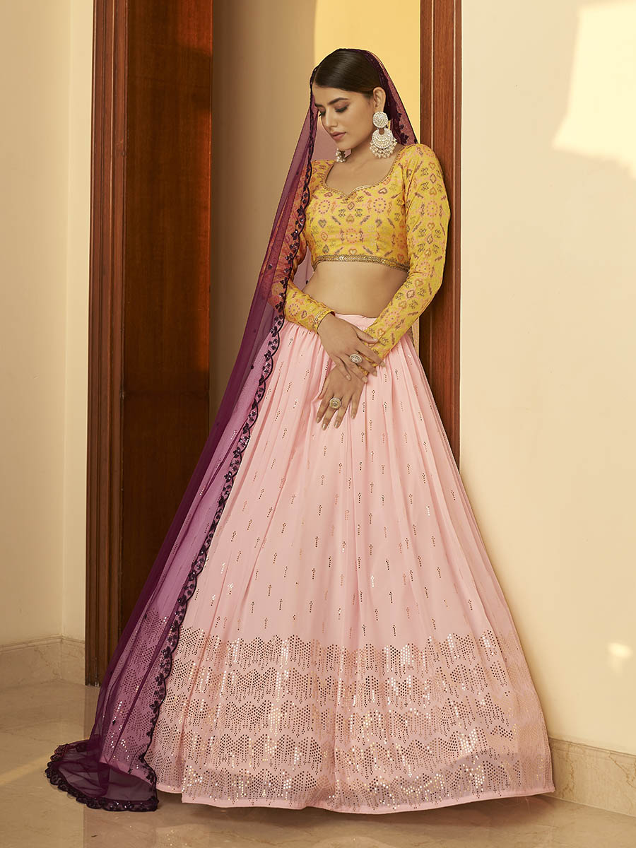 Myra Multicolour Georgette Mukaish Work Designer Lehenga - Distacart