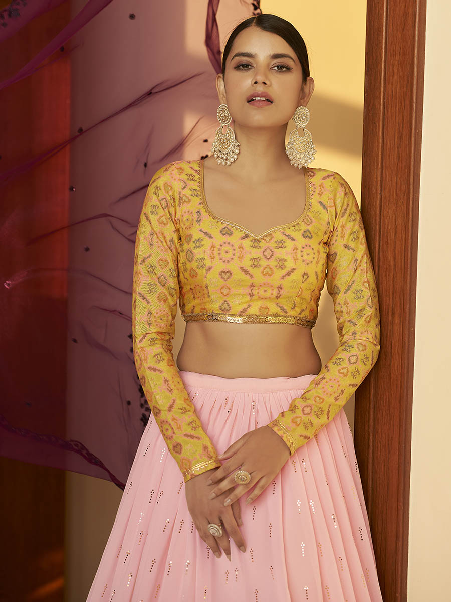 Myra Multicolour Georgette Mukaish Work Designer Lehenga - Distacart