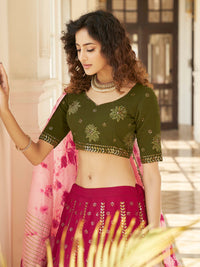 Thumbnail for Myra Deep Pink & Olive Green Pink Georgette Embroidered Designer Lehenga - Distacart