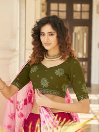 Thumbnail for Myra Deep Pink & Olive Green Pink Georgette Embroidered Designer Lehenga - Distacart
