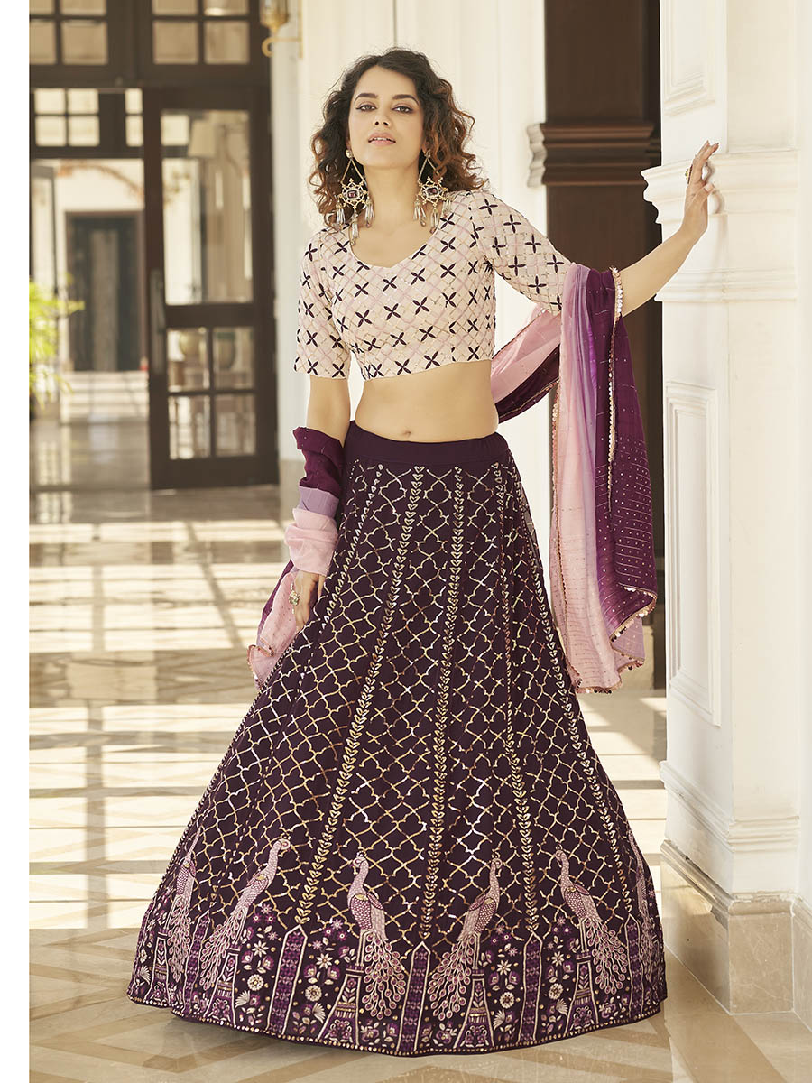 Myra Purple & White Georgette Embroidered Designer Lehenga - Distacart