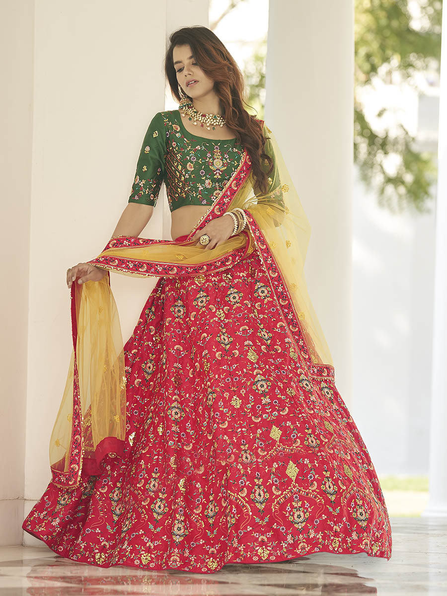 Myra Green and Yellow Heavy Embroidered Designer Lehenga - Distacart