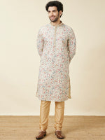 Thumbnail for Manyavar Mandarin Collar Floral Printed Regular Pure Cotton Kurta with Churidar - Distacart
