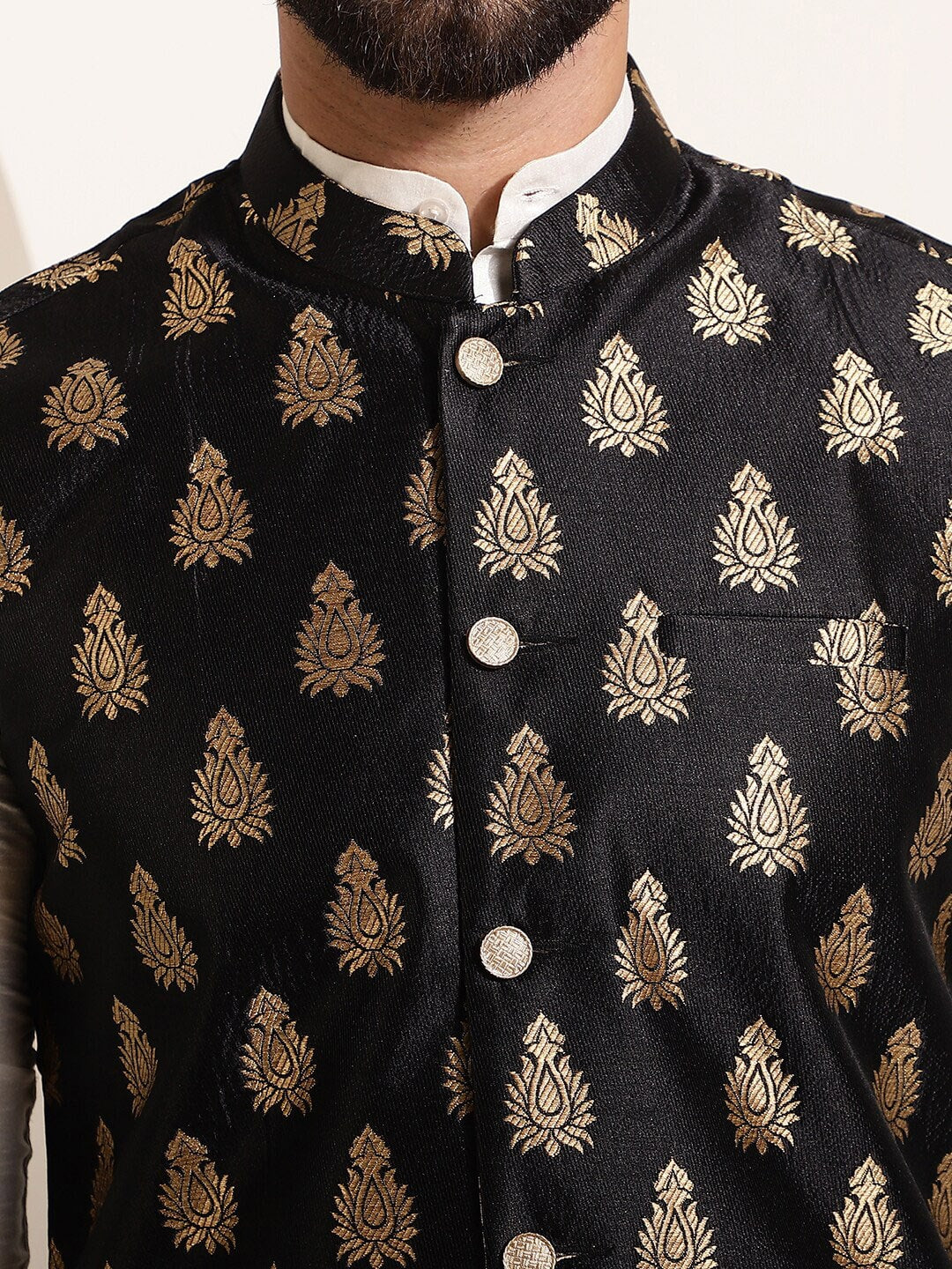 Sojanya Band Collar Straight Kurta & Churidar with Nehru jacket - Distacart