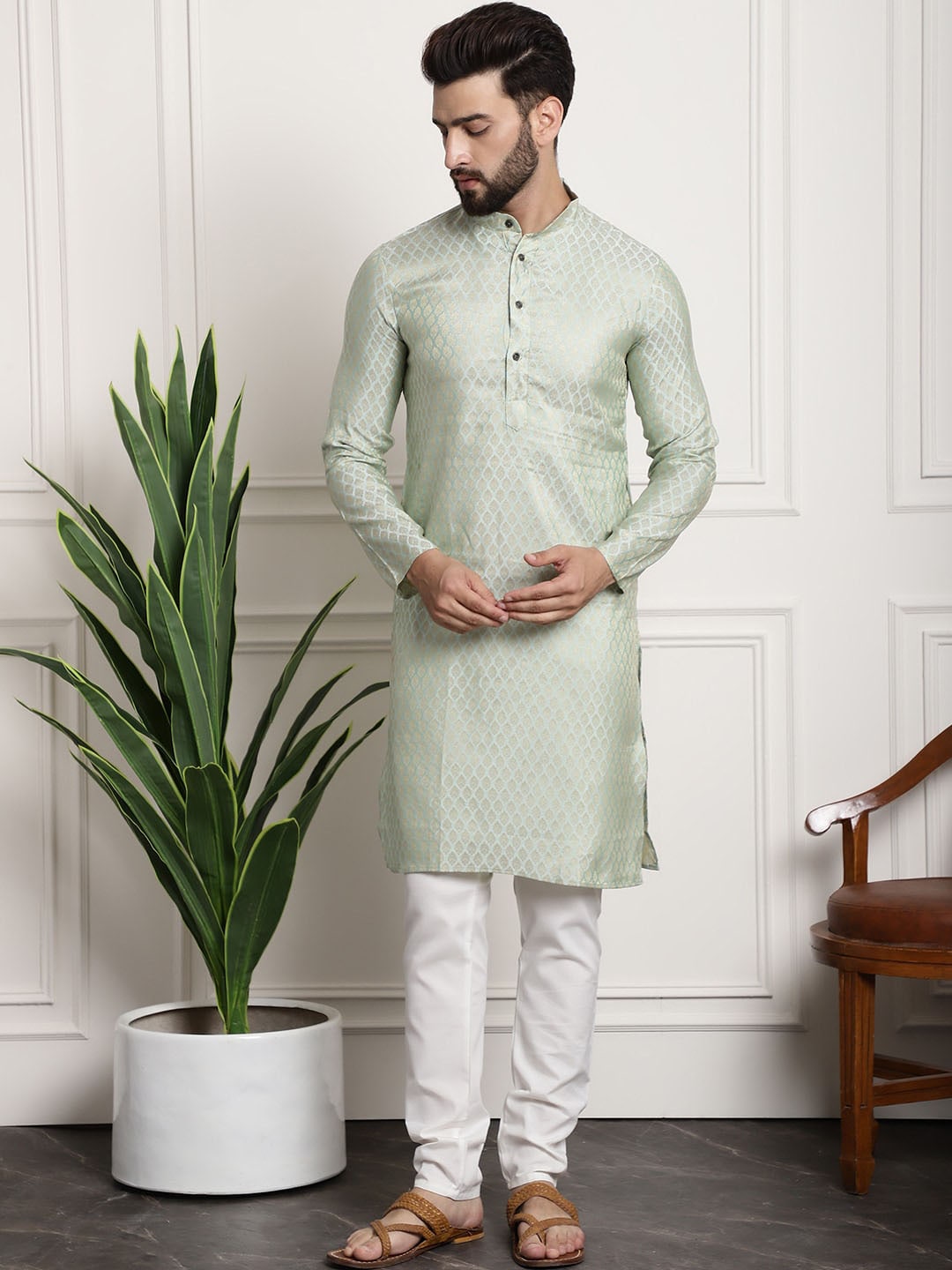 Sojanya Woven Design Mandarin Collar Kurta with Churidar & Nehru Jacket - Distacart