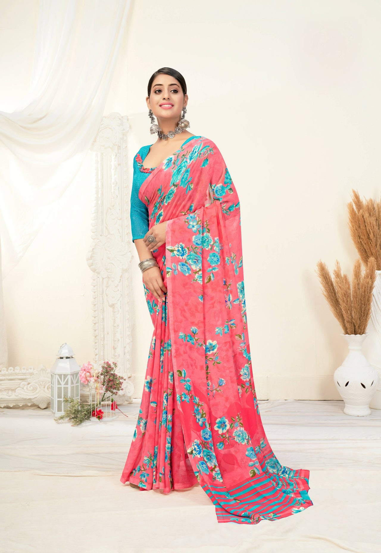 Light Pink Georgette Floral Printed Saree With Unstitched Blouse Piece - Jyoti - Distacart