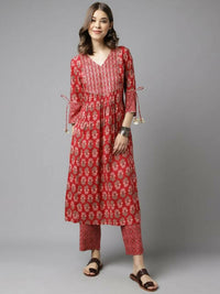 Thumbnail for FIORRA Women's Red Cotton A-Line Kurta Set - Distacart