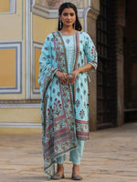 Thumbnail for Juniper Women's Skyblue Cambric Floral Placement Printed Straight Fit Kurta Sets - Distacart