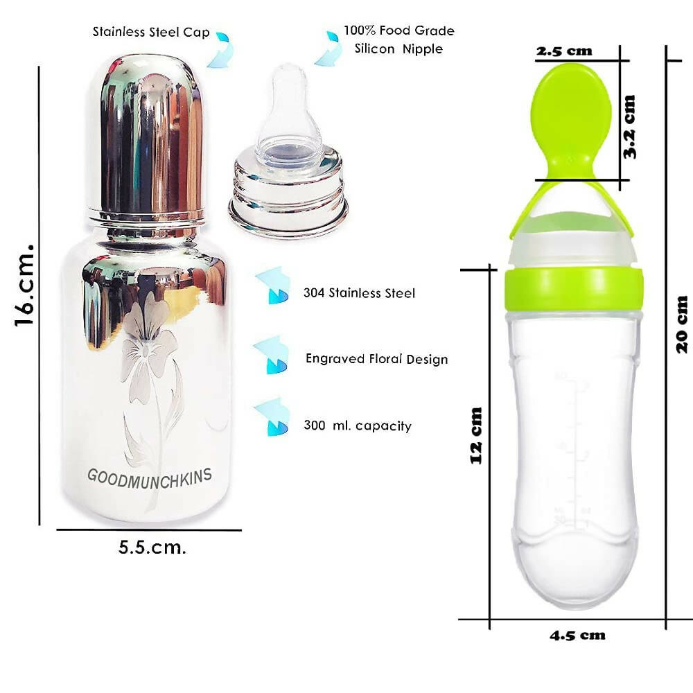 Goodmunchkins Stainless Steel Feeding Bottle, Food Feeder & Fruit Feeder Combo for Baby-(Green-Green, 300ml) - Distacart