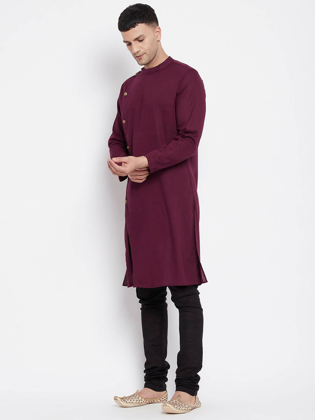 Even Apparels Maroon Pure Cotton Men's Sherwani Kurta With Asymetrical Cut - Distacart