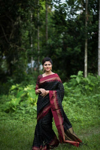 Thumbnail for Vishnu Weaves Women's Black Raw Silk Checks Zari Woven Saree with Unstitched Blouse - Distacart