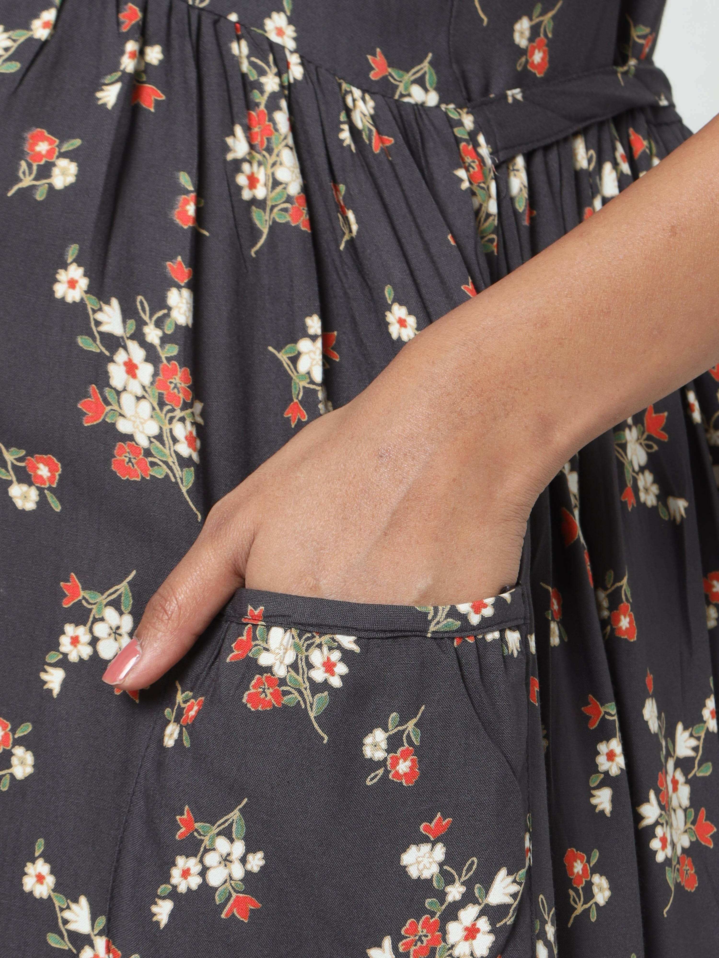 Manet Short Sleeves Maternity Dress Floral Print With Concealed Zipper Nursing Access - Navy Blue - Distacart