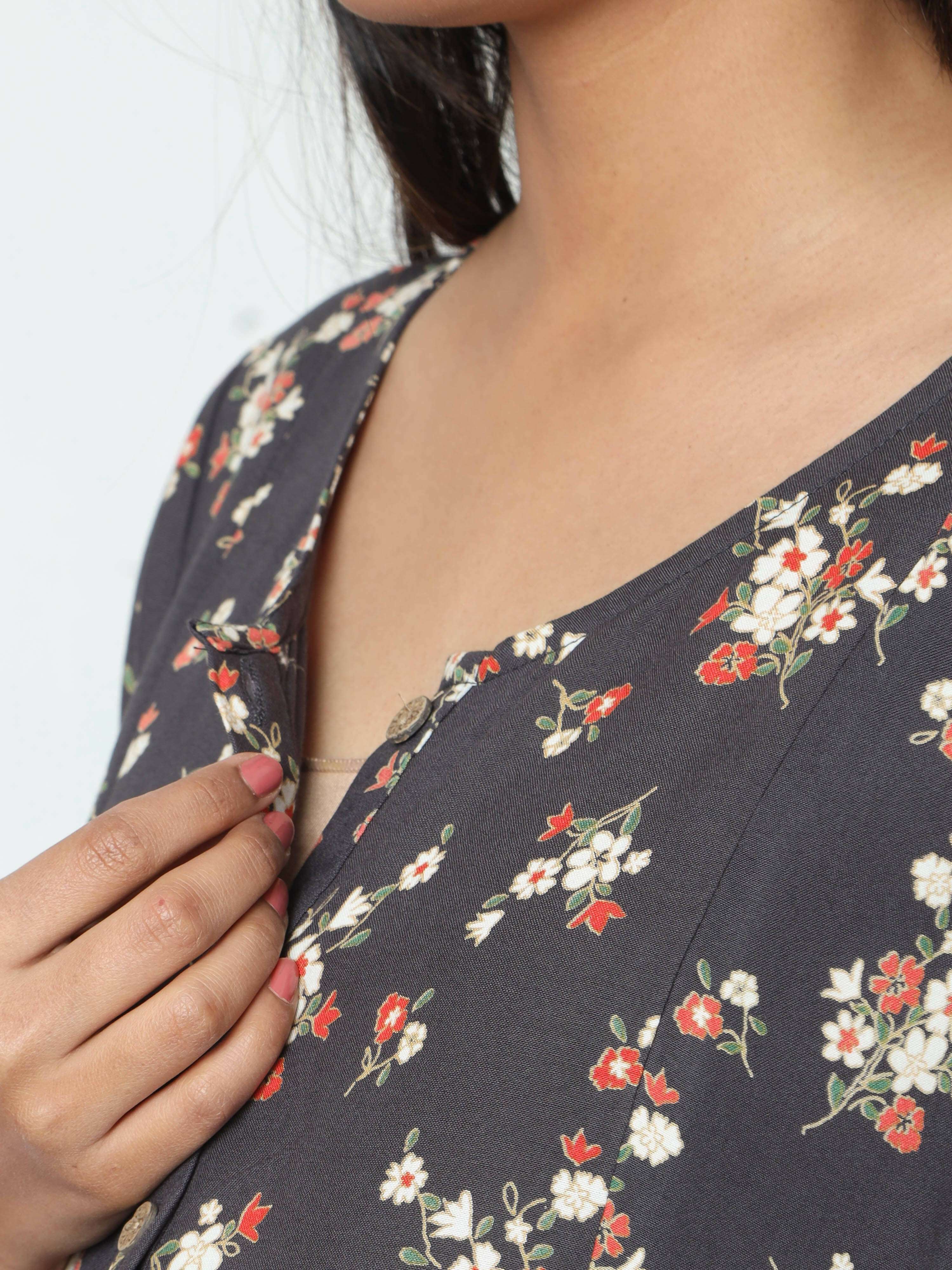 Manet Short Sleeves Maternity Dress Floral Print With Concealed Zipper Nursing Access - Navy Blue - Distacart