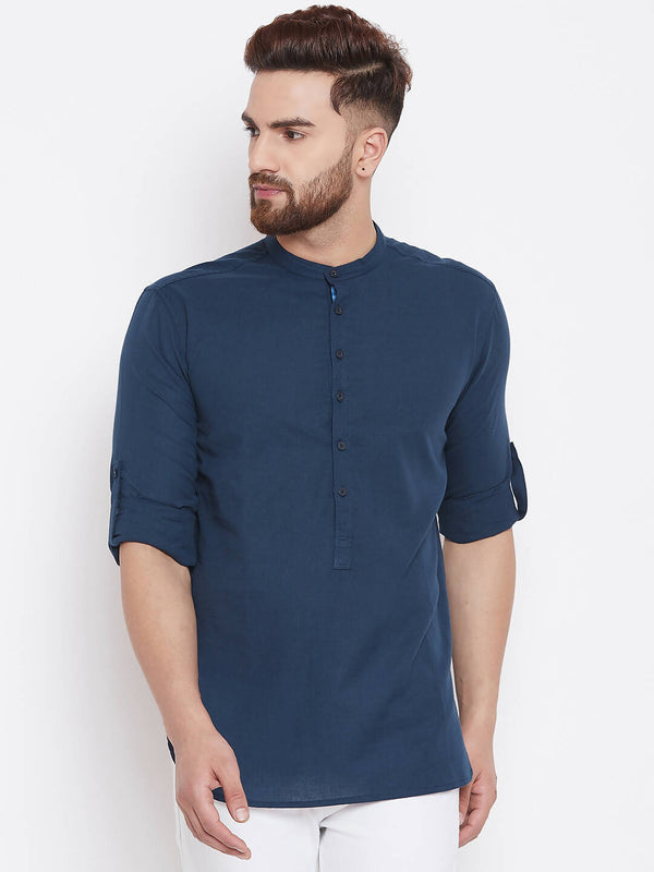 Even Apparels Blue Color Men's Pure Cotton Kurta With Band Collar - Distacart