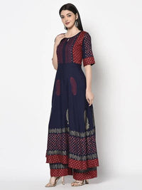 Thumbnail for Aniyah Rayon Navy Blue Color Block Print Anarkali kurta (AN-177K)