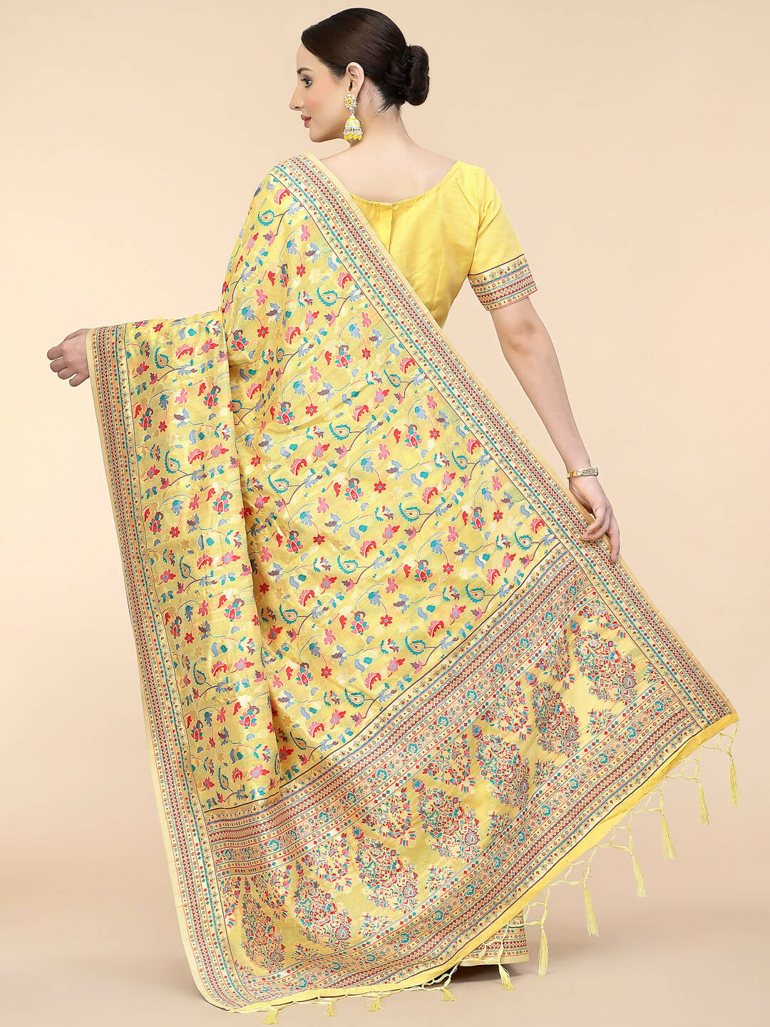 Yellow Silk Blend Woven Design Saree With Unstitched Blouse Piece - Aloki - Distacart