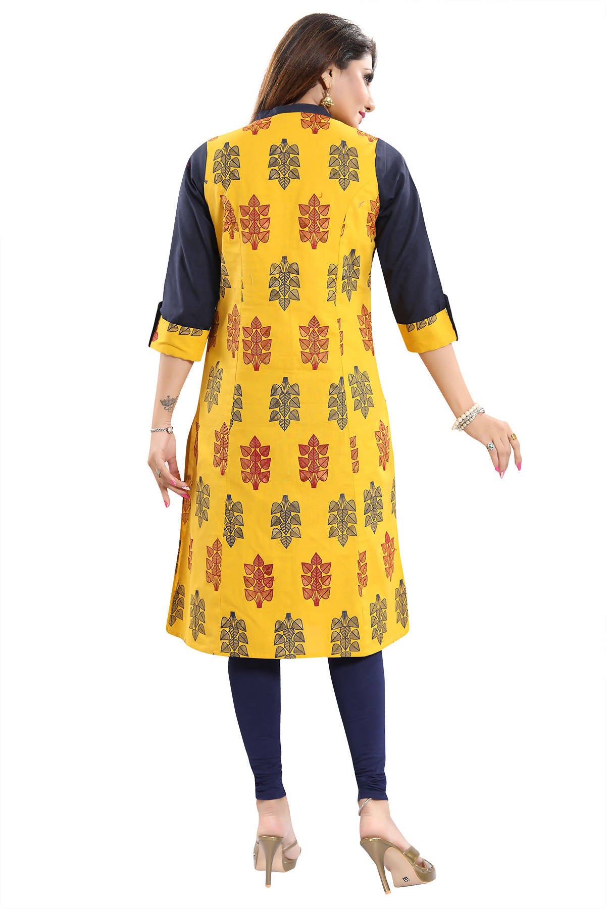 Snehal Creations Luscious Lemon Yellow Shirt Style Cotton Printed Tunic - Distacart