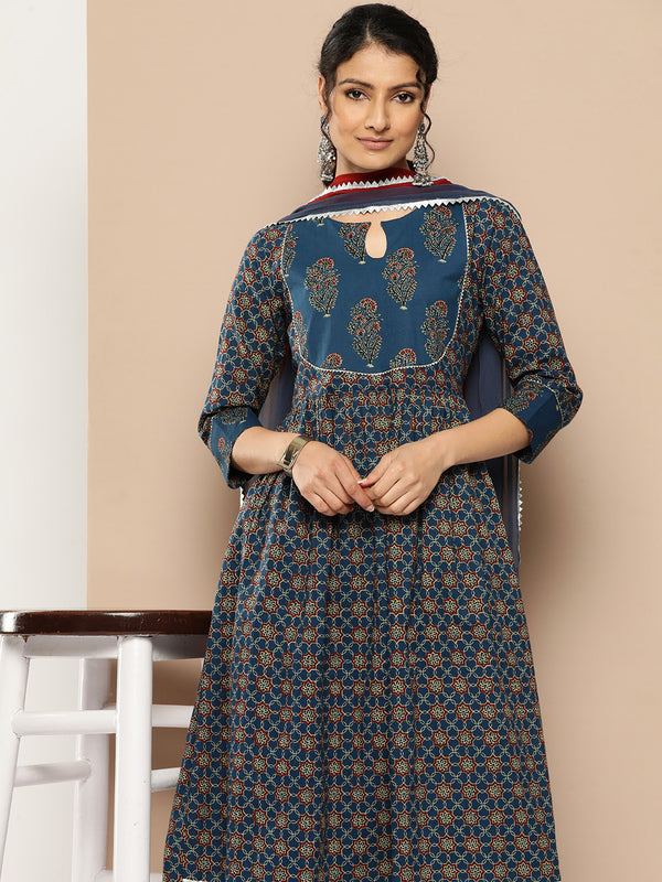 KSUT (House of Varanga) Blue And Rust Yoke Style Anarkali Paired With Printed Palazzo And Ombre Dupatta - Distacart
