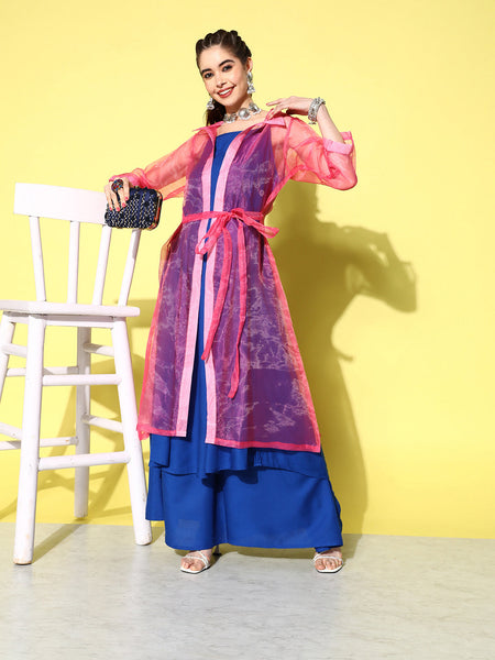 InWeave Women's Ink Blue Strappy Kurta Set With Pink Organza Cape - Distacart
