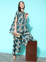 Thumbnail for InWeave Women's Teal Bird Motif Tiered Kaftan Style Kurta Set - Distacart