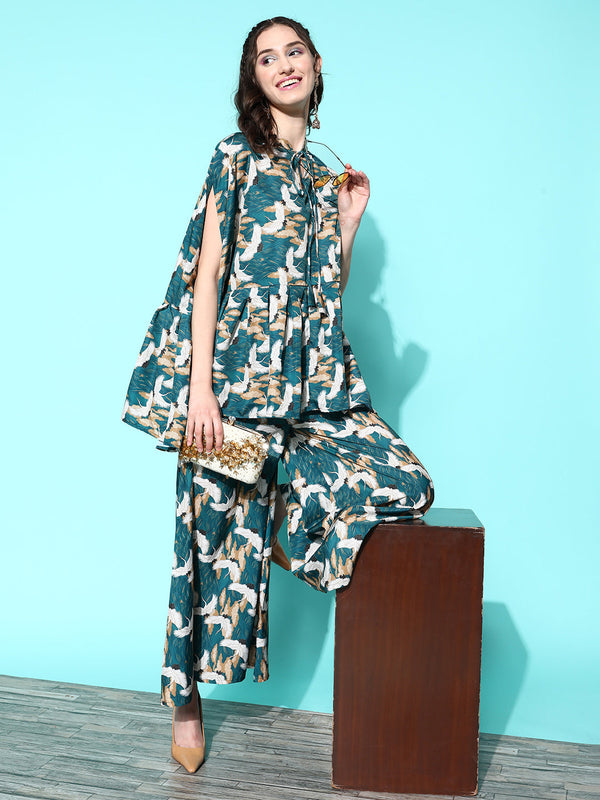 InWeave Women's Teal Bird Motif Tiered Kaftan Style Kurta Set - Distacart