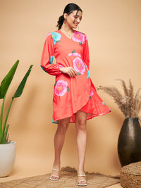 Thumbnail for InWeave Women's Dark Orange Pink Blue Flower Belted Dress - Distacart