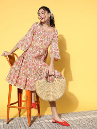 Thumbnail for InWeave Women's Pink Boota Print Belted Dress - Distacart