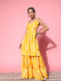 Thumbnail for InWeave Women's Yellow Bandhani Motif Shoulder Tie Up Kurta Set - Distacart