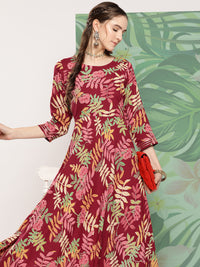Thumbnail for InWeave Women's Red Tropical Print Gota Long Dress - Distacart