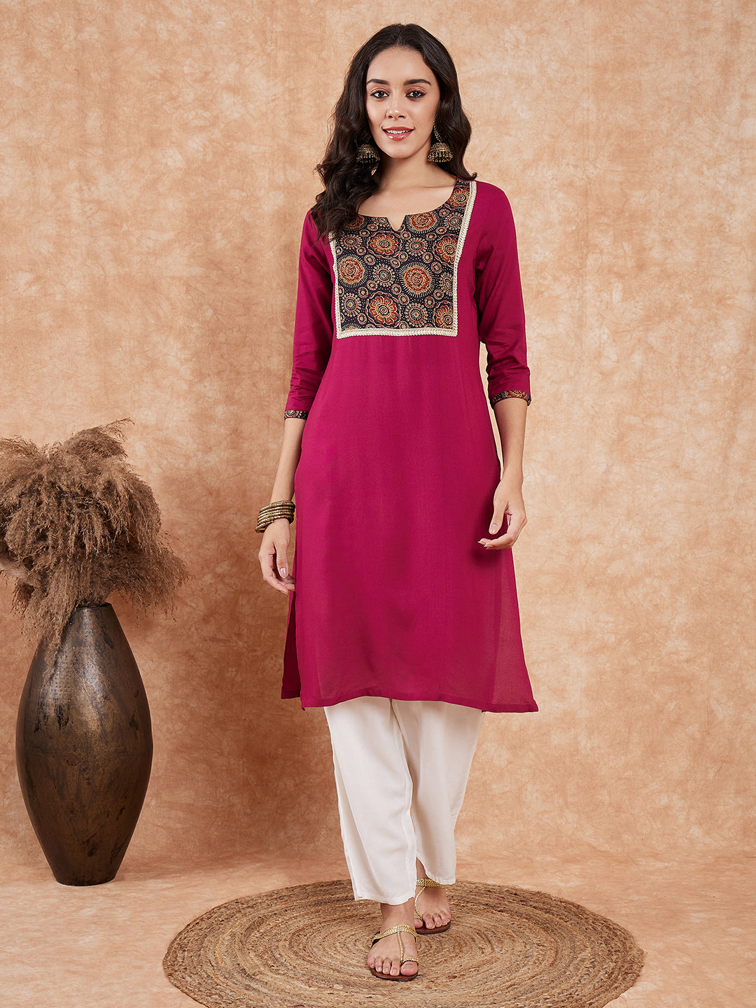 InWeave Women's Wine Printed Neck Patch Work Straight Kurta - Distacart