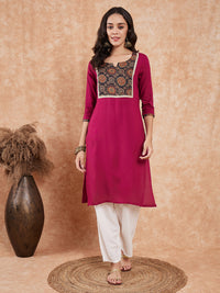 Thumbnail for InWeave Women's Wine Printed Neck Patch Work Straight Kurta - Distacart