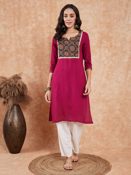 InWeave Women's Wine Printed Neck Patch Work Straight Kurta - Distacart