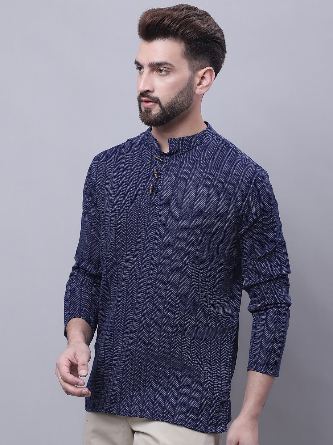 Even Apparels Blue Pure Cotton Short Kurta With Band Collar - Distacart
