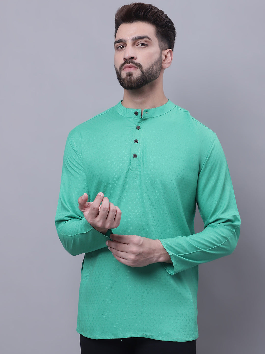 Even Apparels Green Pure Cotton Short Kurta With Band Collar - Distacart