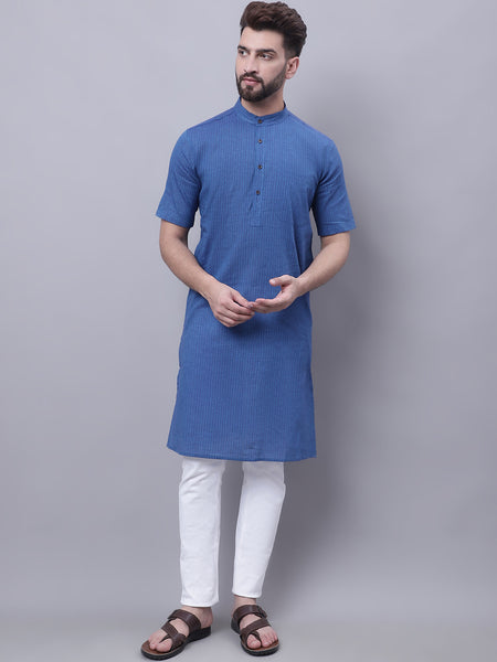 Even Apparels Blue Pure Cotton Short Sleeves Kurta With Band Collar - Distacart