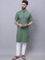 Thumbnail for Even Apparels Green Pure Cotton Short Sleeves Kurta With Band Collar - Distacart