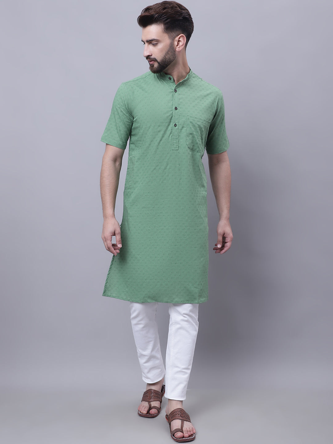 Even Apparels Green Pure Cotton Short Sleeves Kurta With Band Collar - Distacart