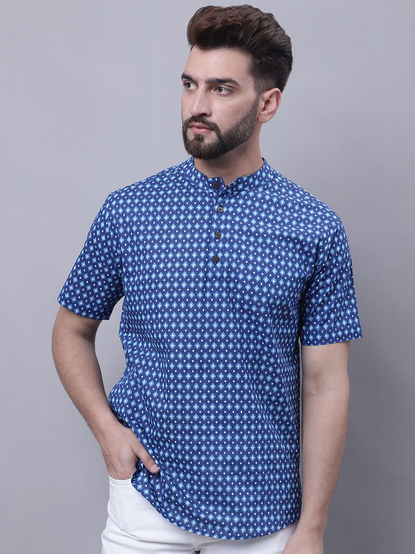 Even Apparels Blue Pure Cotton Short Kurta With Band Collar - Distacart