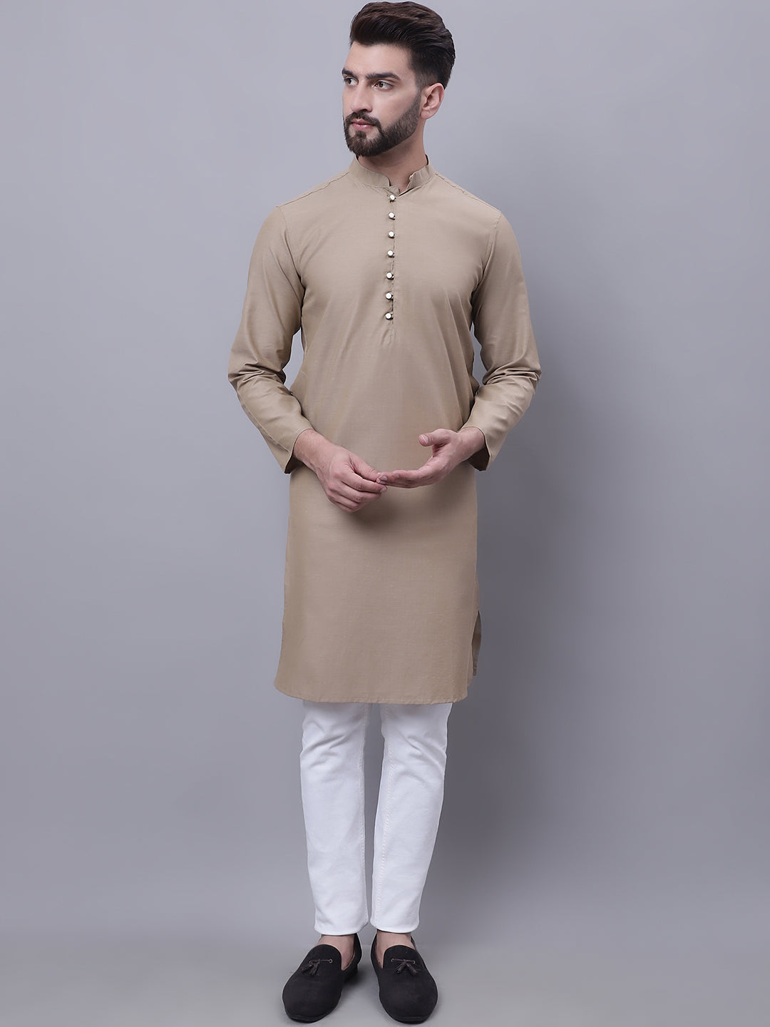 Even Apparels Beige Pure Cotton Kurta With Band Collar - Distacart