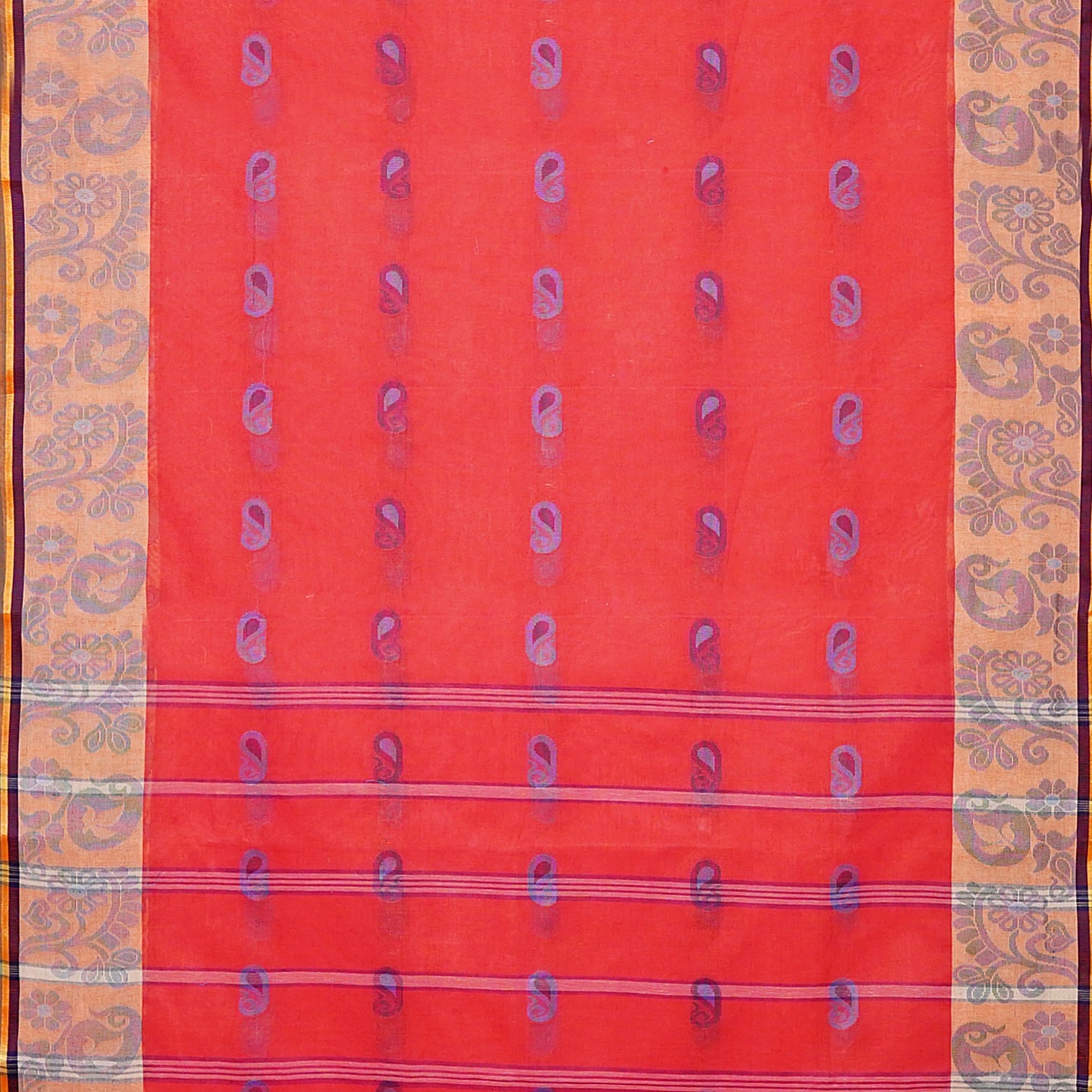 Exclusive Collection 100% Pure Cotton Red Tant Saree With Hand Weaving Work - Distacart