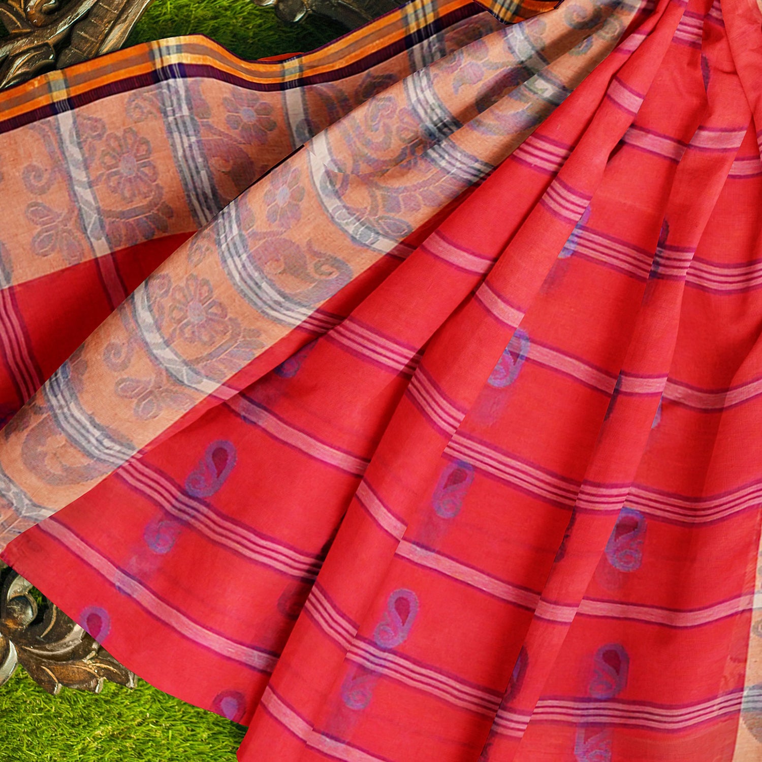 Exclusive Collection 100% Pure Cotton Red Tant Saree With Hand Weaving Work - Distacart
